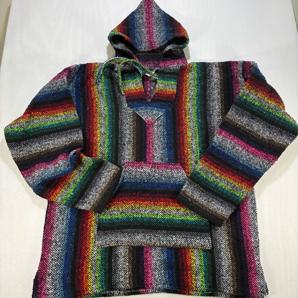 La Casa Del Sarape Mexican Baja Hoodie Pullover Mens Large Rainbow Striped L